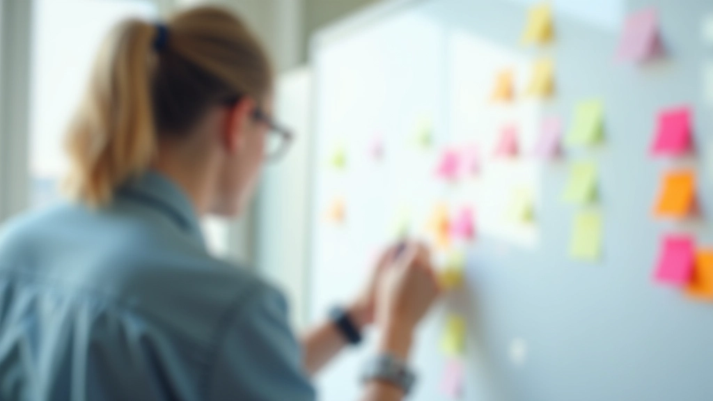 Persoon schrijft plannen voor burgerinitiatief op whiteboard met post-it notes, creatieve werkruimte, brainstormen