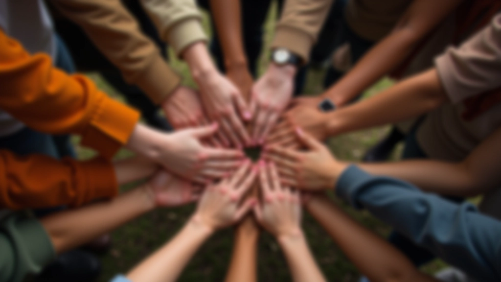 Groep mensen met handen bij elkaar in cirkel, symbool van samenwerking en gemeenschapsproject