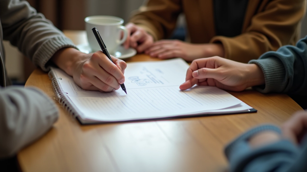 Handen schrijven op notitieblok met pen, planning en strategie voorbereiding