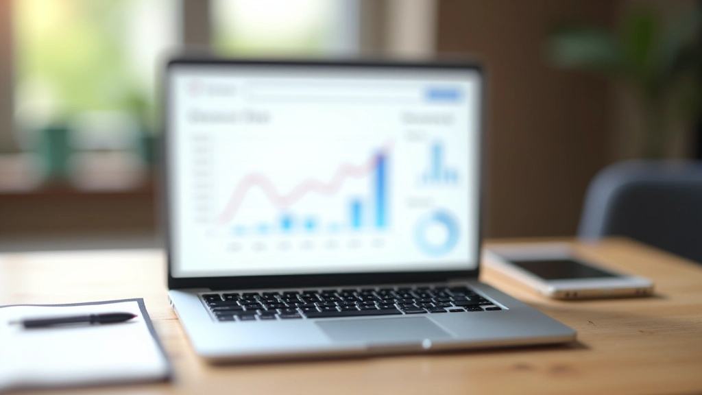 Laptop toont grafiek met stijgende lijn en geld symbolen, representatie van financiële groei